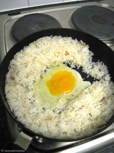 Fried rice with a funny looking egg